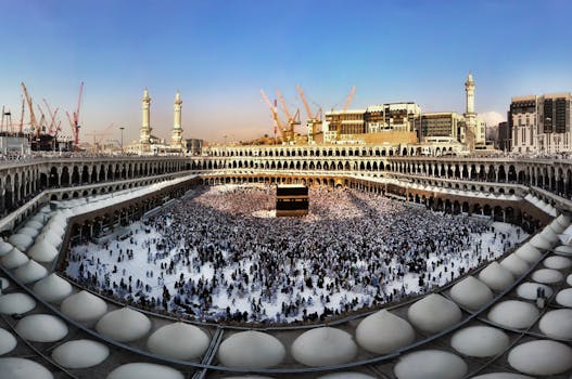 Crowded pilgrims performing Tawaf around the Kaaba in Mecca, Saudi Arabia during Hajj.